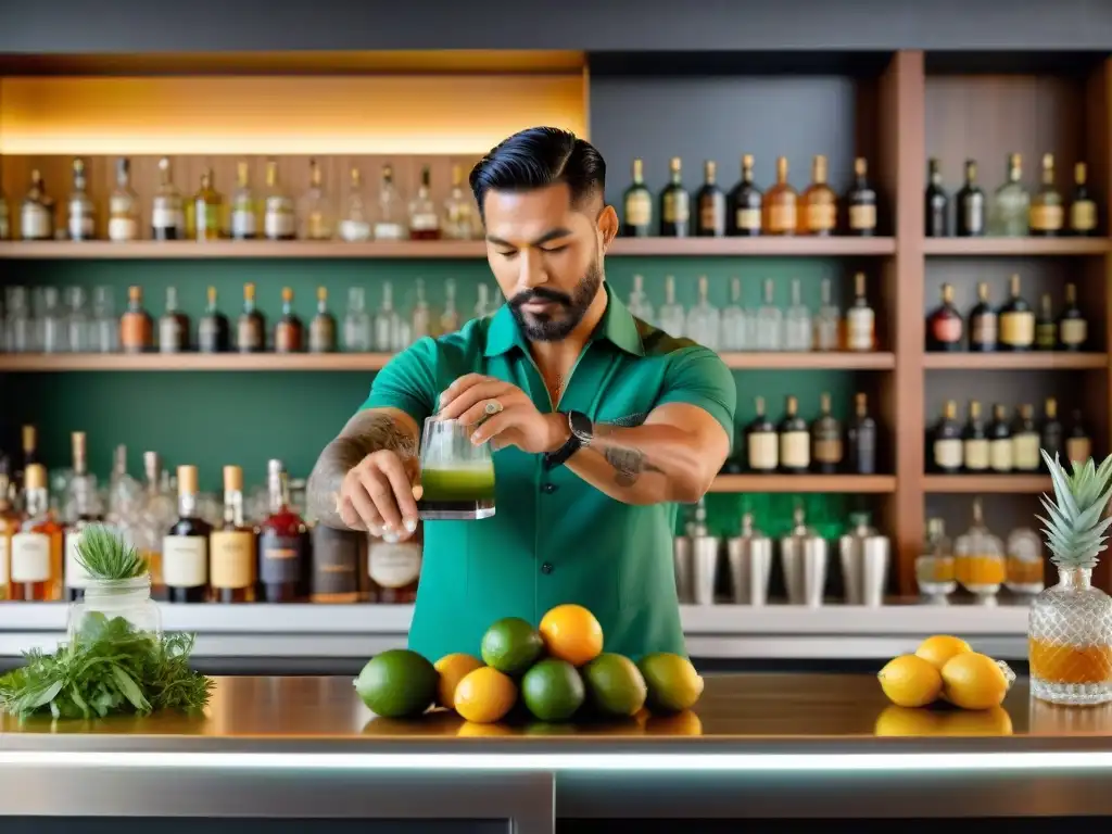 Un mixólogo experto crea cocteles innovadores con ingredientes peruanos en un elegante bar