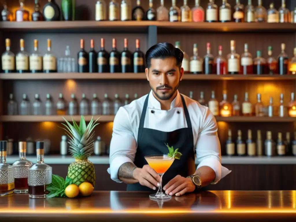 Un mixólogo experto prepara cocteles innovadores con ingredientes peruanos en un elegante bar moderno