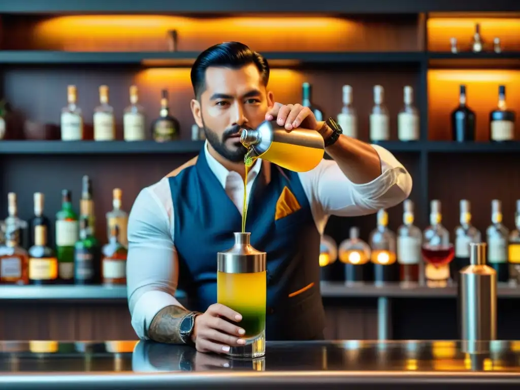 Un mixólogo experto crea cocteles con pisco peruano innovadores en un elegante bar moderno