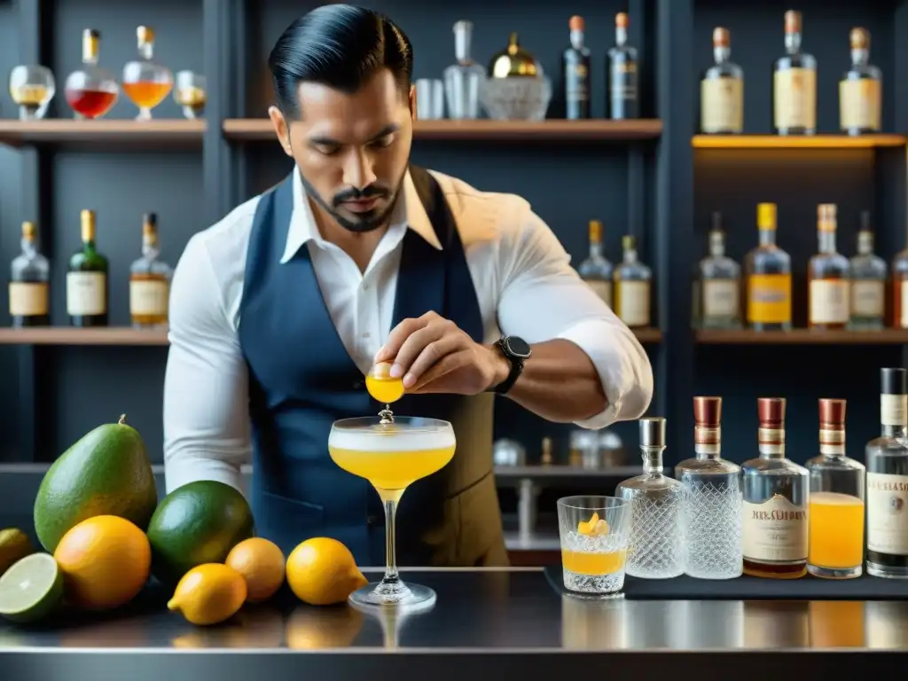 Un mixólogo experto crea innovaciones en destilado de pisco en un elegante bar