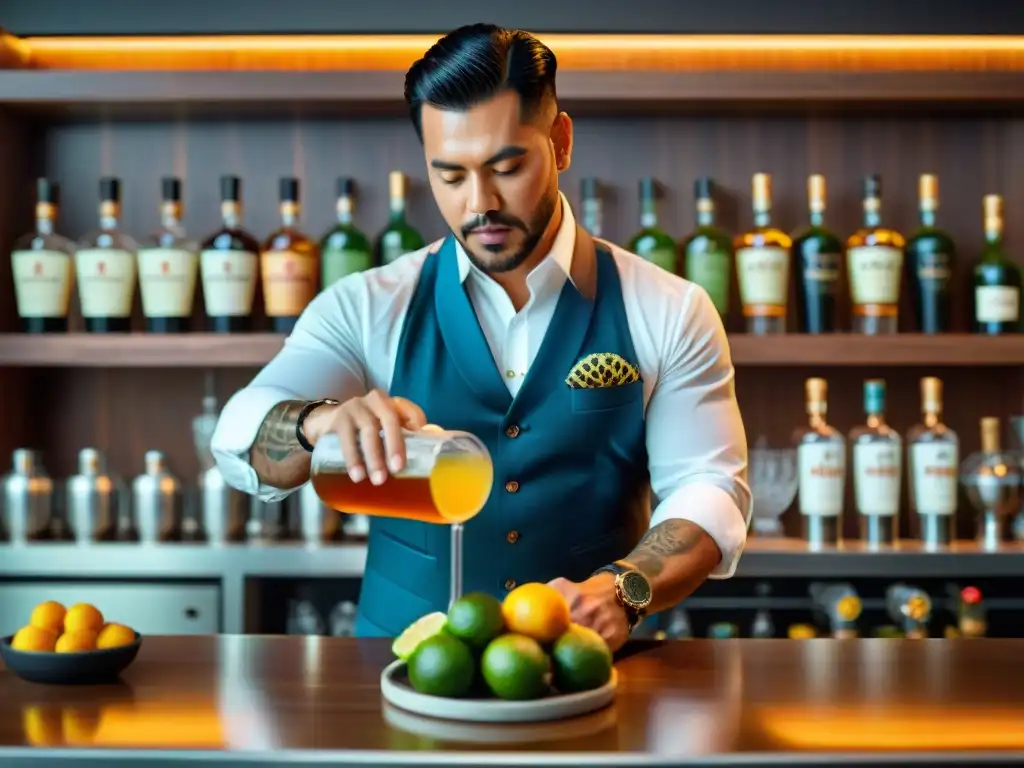 Un mixólogo experto prepara los mejores cócteles con Macchu Pisco en un elegante bar