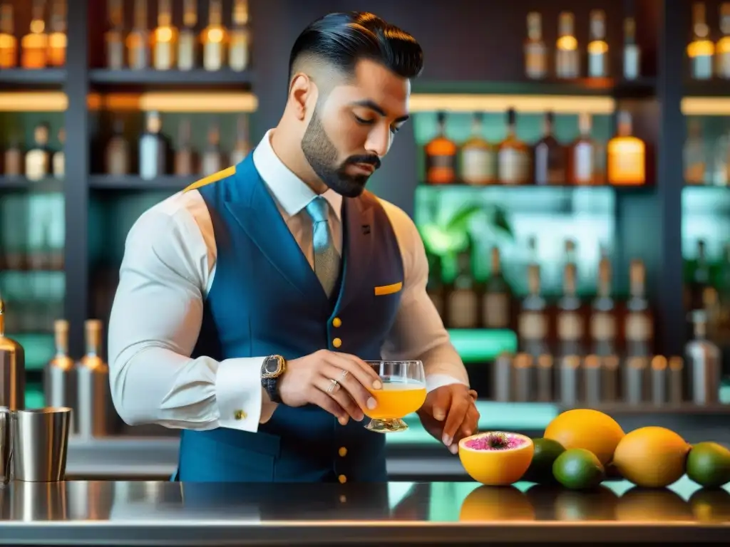 Un mixólogo experto adorna con pasión un Maracuyá Sour peruano en un elegante bar tropical