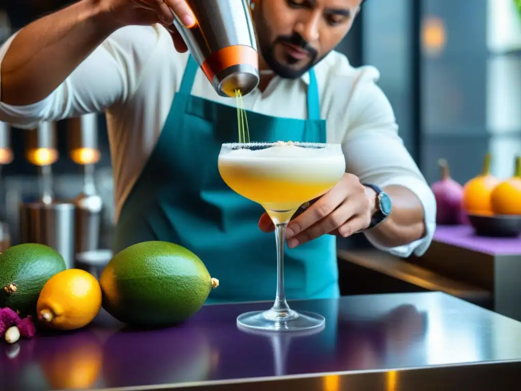 Un mixólogo experto elabora un pisco sour en Frank Bar, con ingredientes peruanos y una atmósfera de coctelería de autor con sabor peruano