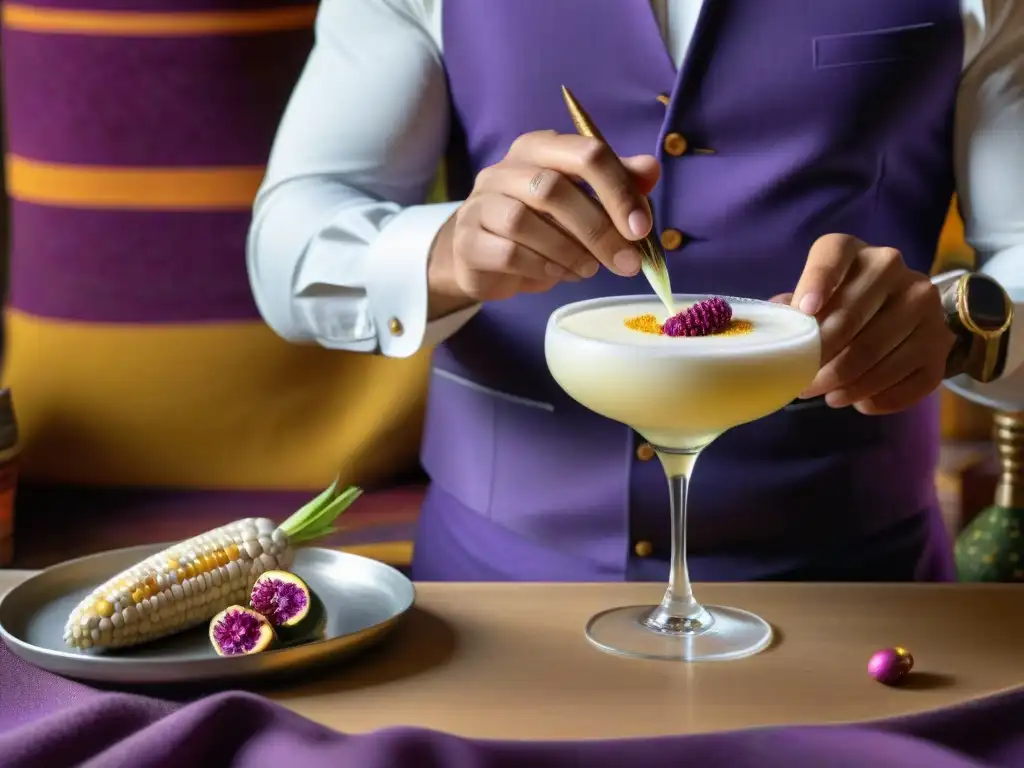 Un mixólogo experto preparando un Pisco Sour con ingredientes peruanos, fusionando lo tradicional con lo innovador