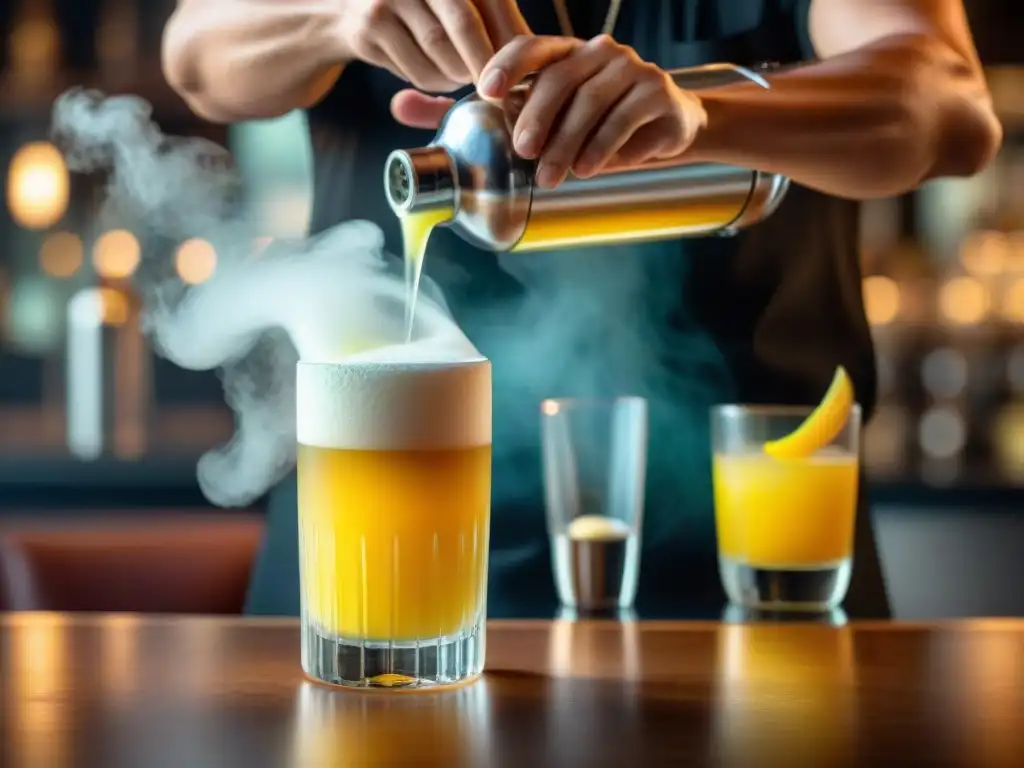 Un mixólogo experto preparando un Pisco Sour con técnica moderna en un elegante bar contemporáneo