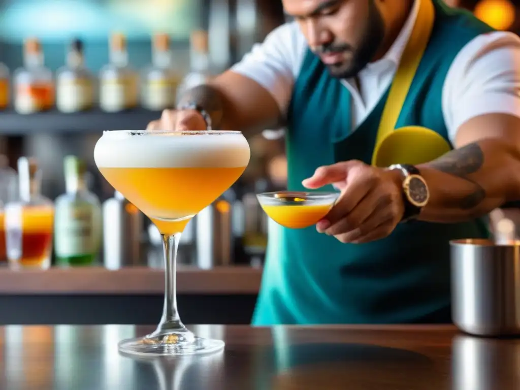 Un mixólogo experto crea un pisco sour en un vaso de cristal, destacando la artesanía peruana