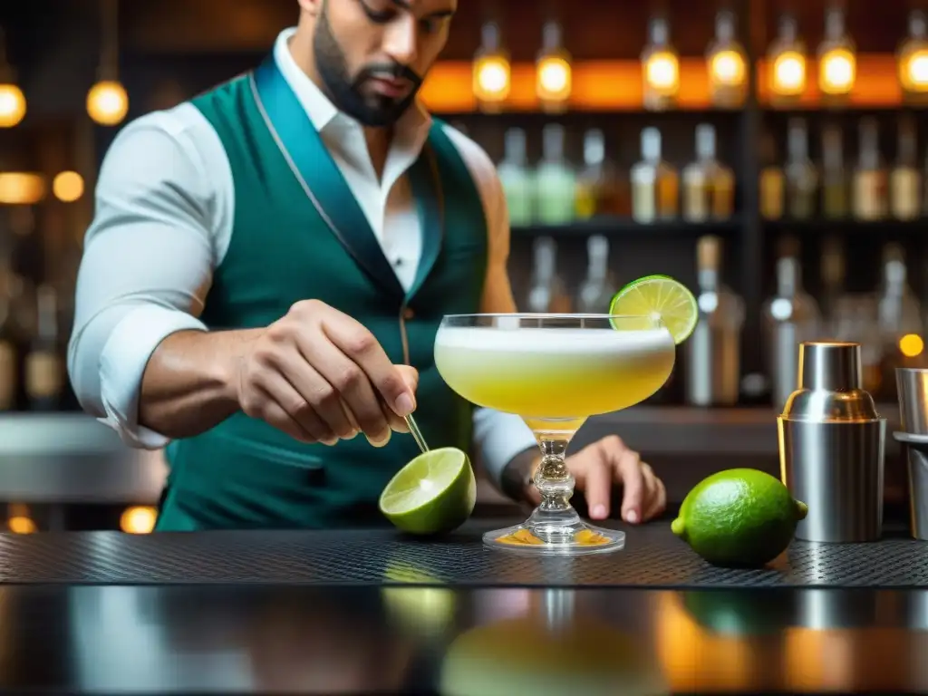 Un mixólogo experto preparando un Pisco Sour en un elegante bar