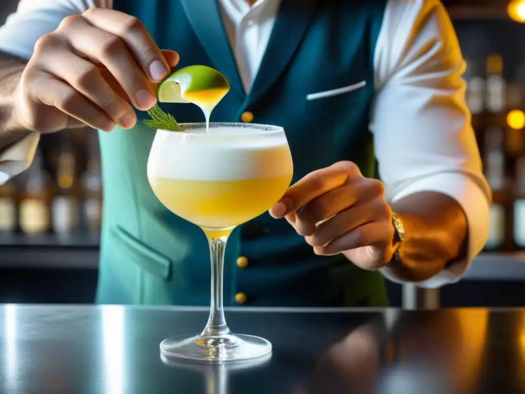 Un mixólogo experto adorna un Pisco Sour con bíters aromáticos, destacando la creatividad en recetas Pisco Sour autóctonas innovadoras