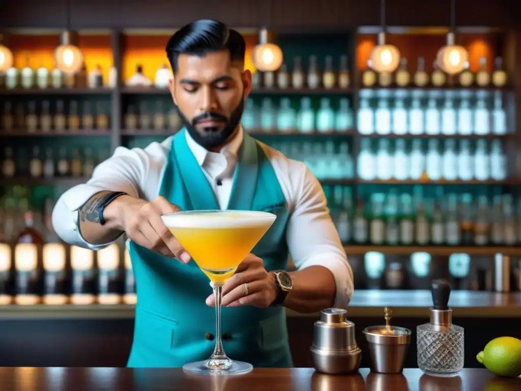 Un mixólogo experto prepara un Pisco Sour en Frank Bar, mostrando la coctelería de autor con sabor peruano