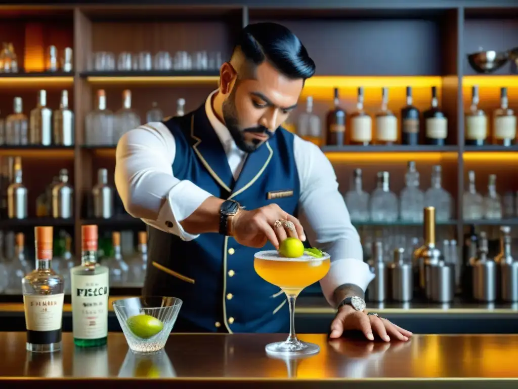 Un mixólogo experto prepara con precisión un sofisticado cóctel de Pisco Peruano en un elegante bar