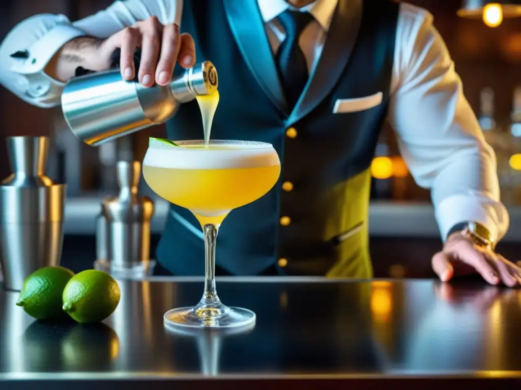 Un mixólogo experto vierte con precisión un vibrante pisco sour en un elegante bar en casa