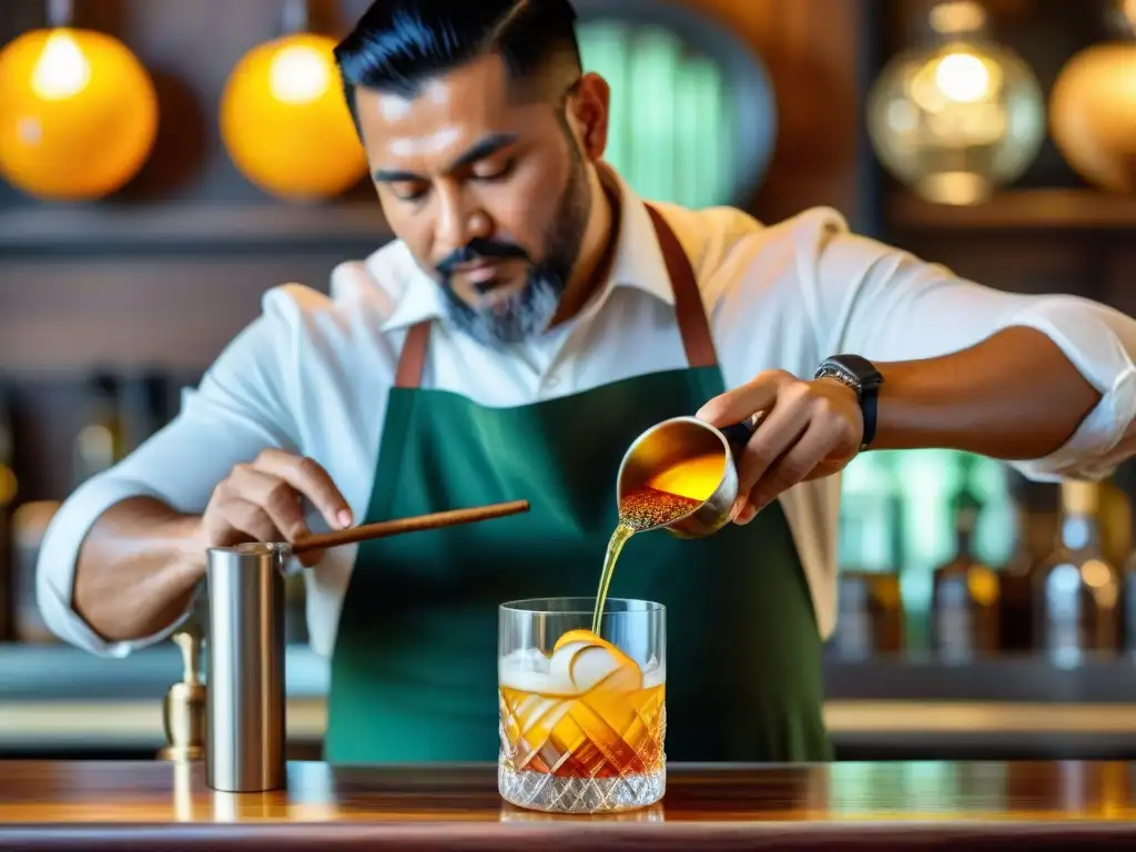 Un mixólogo experto sirviendo ron peruano en vaso elaborado, con caña de azúcar y especias, ambiente festivo