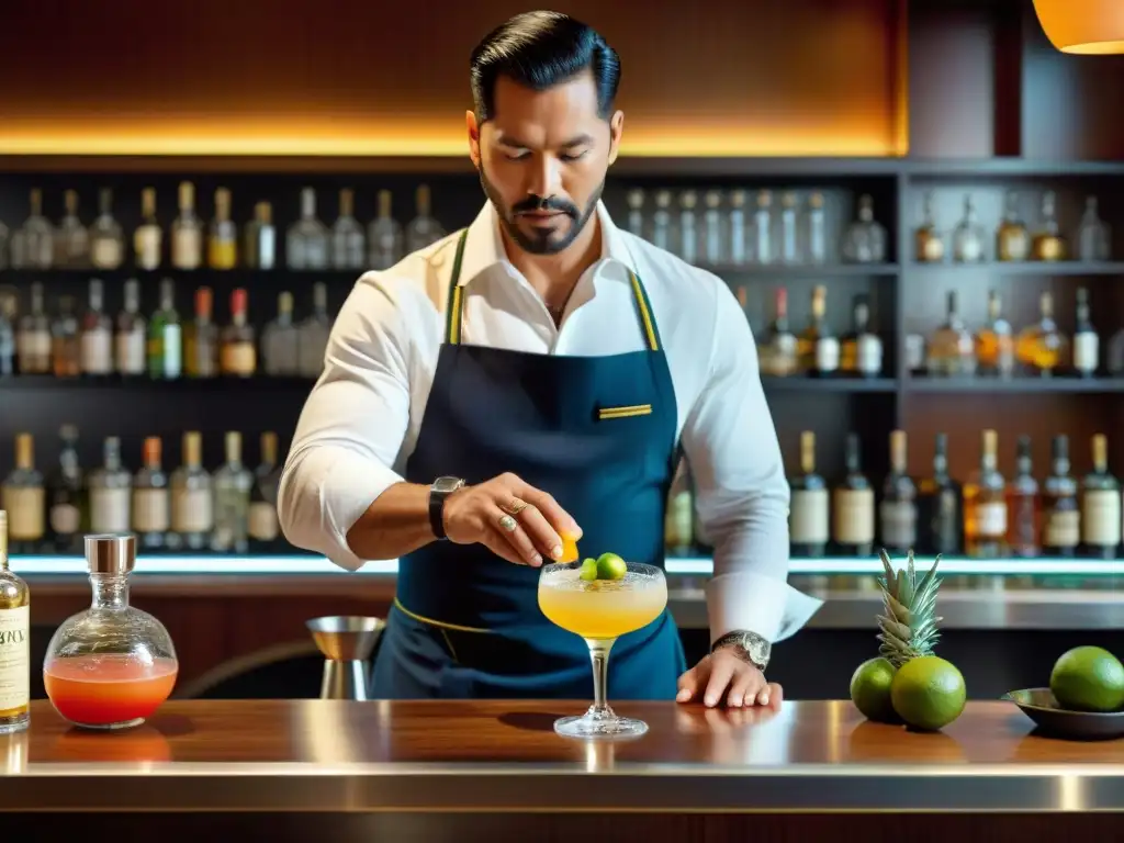 Un mixólogo experto preparando un sofisticado cóctel de pisco en un elegante bar