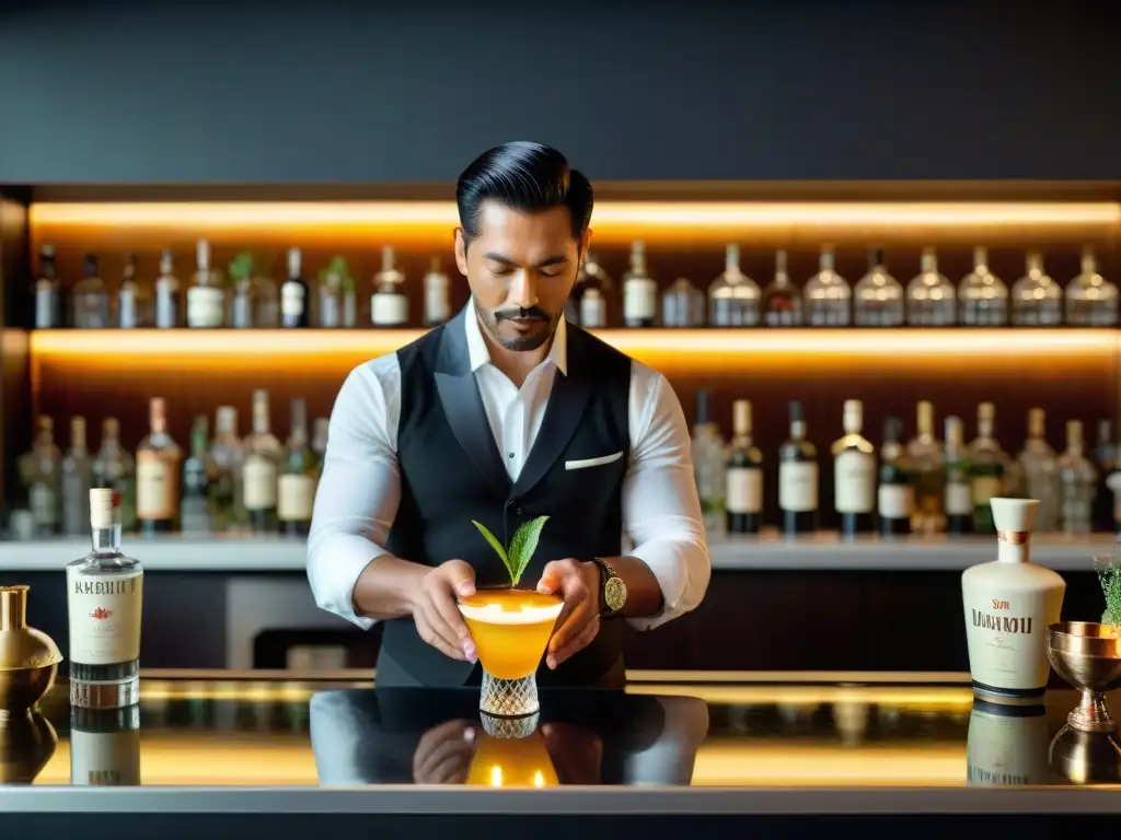 Un mixólogo experto preparando un sofisticado cóctel de Pisco en un elegante bar