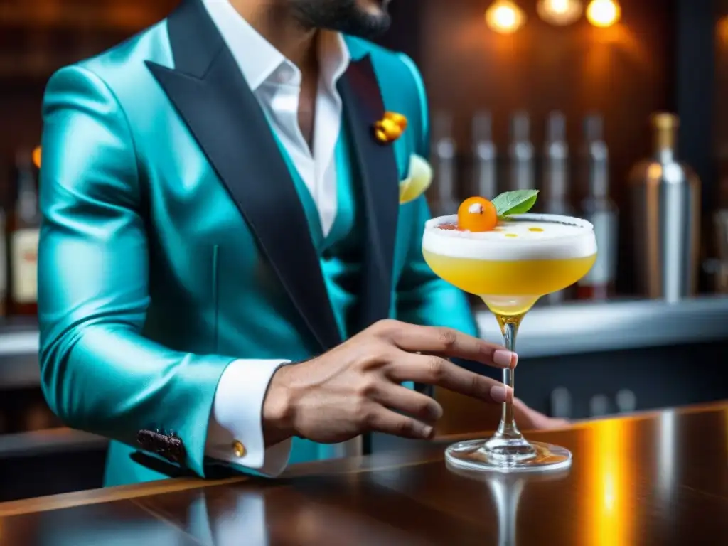 Un mixólogo experto prepara una versión innovadora del Pisco Sour en un elegante bar