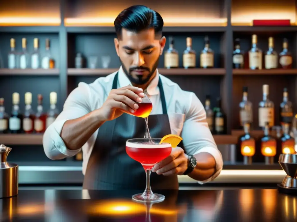 Un mixólogo experto prepara un vibrante cóctel de molle en un elegante bar