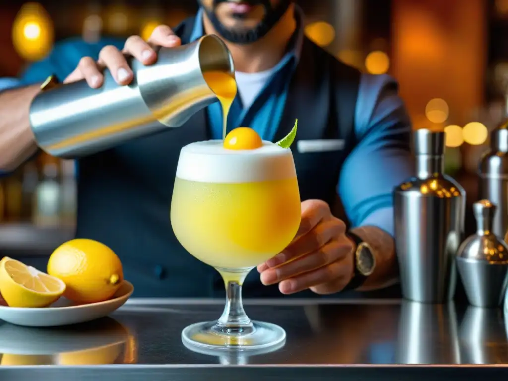 Un mixólogo experto preparando un vibrante pisco sour, rodeado de ingredientes frescos y botellas de pisco peruano