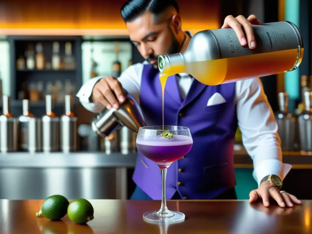 Un mixólogo experto vierte un vibrante pisco sour morado en una copa elegante en un bar peruano