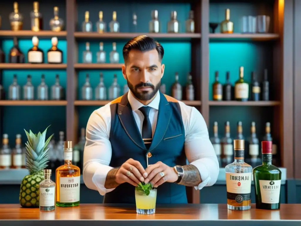 Un mixólogo moderno prepara un cóctel innovador con Pisco peruano y ingredientes autóctonos en un elegante bar