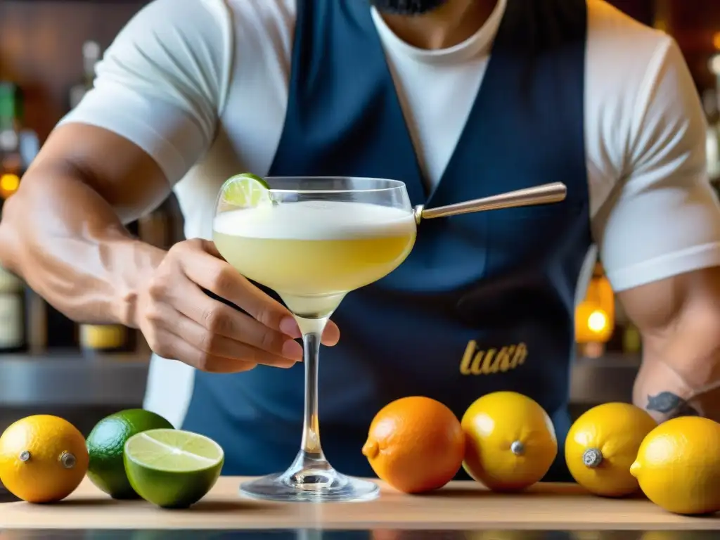 Un mixólogo peruano experto prepara un auténtico Pisco Sour en un bar bien surtido