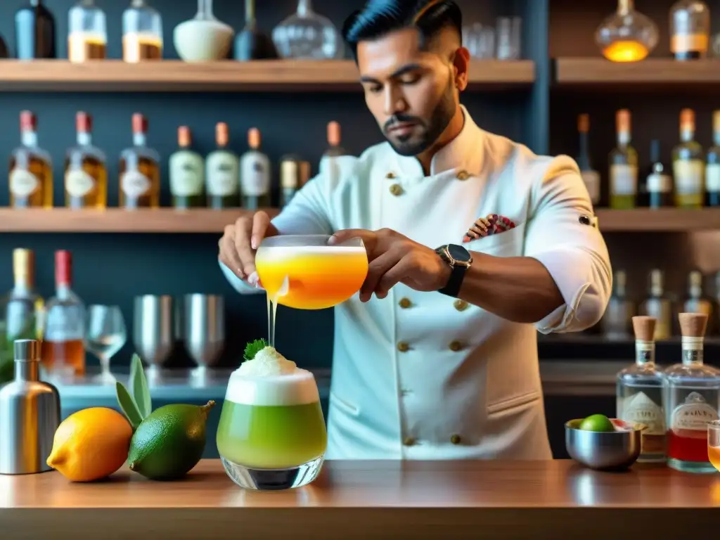 Un mixólogo peruano experto prepara un Pisco Sour con twist, destacando ingredientes tradicionales y adiciones innovadoras