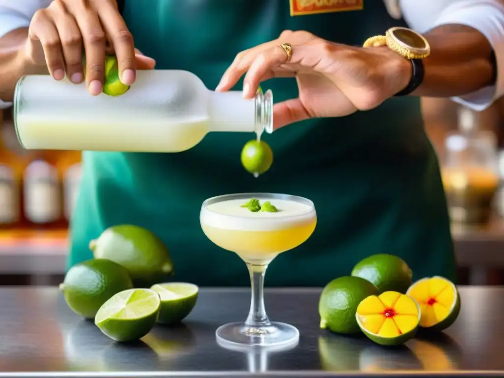 Un mixólogo peruano experto preparando un vibrante pisco sour con ingredientes nativos peruanos