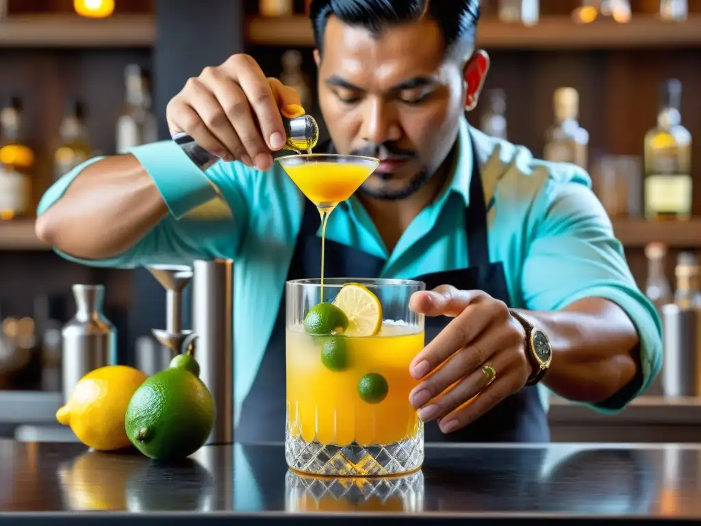 Un mixólogo peruano exprime un Limón Peruano sobre un cocktail, destacando los beneficios del limón peruano