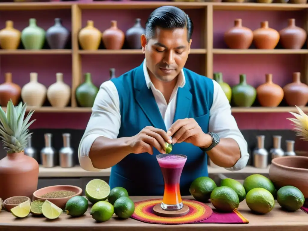 Un mixólogo peruano enseñando a hacer Pisco Sour en un taller con frutas nativas y textiles incas