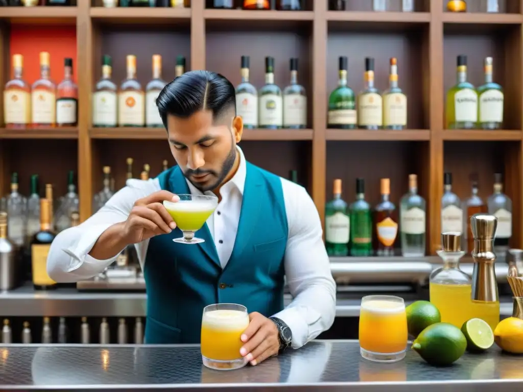 Un mixólogo peruano prepara un Pisco Sour en un bar vibrante de Lima