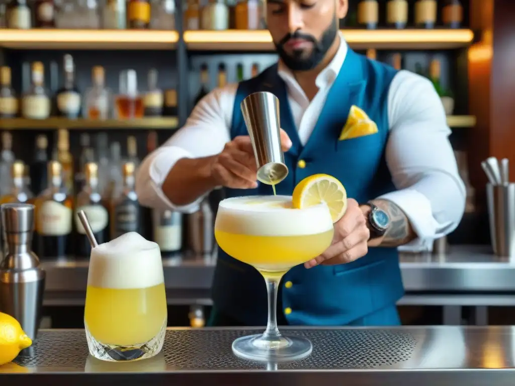 Un mixólogo vierte un Pisco Sour amarillo vibrante en un vaso helado, con un toque de limón, en un animado bar peruano