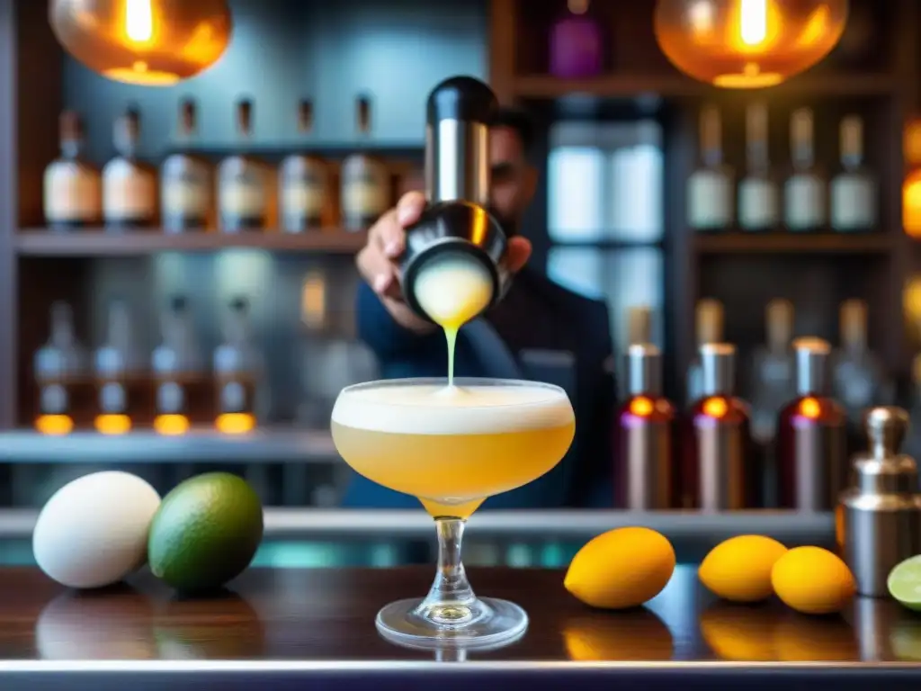 Un mixólogo en Frank Bar prepara un Pisco Sour con ingredientes peruanos, destacando la coctelería de autor con sabor peruano