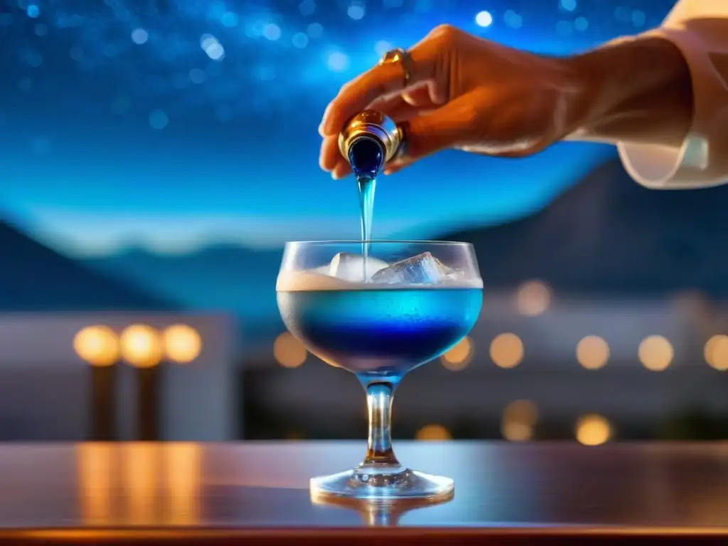 Un mixólogo vierte un vibrante cóctel azul de Pisco bajo un cielo estrellado