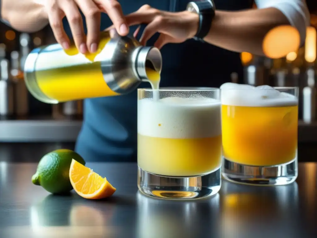 Un mixólogo vierte con maestría un vibrante pisco sour amarillo en un vaso helado, con gotas suspendidas en el aire