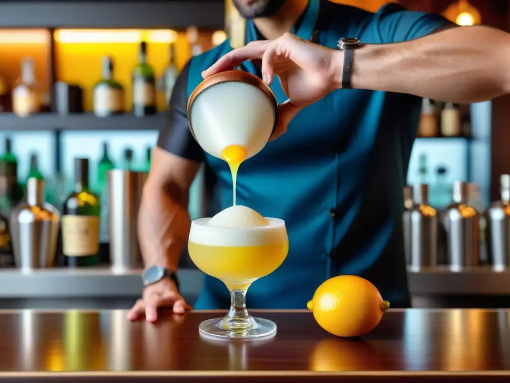 Un mixólogo vierte un vibrante pisco sour amarillo en copa, resaltando la creatividad en cocteles con pisco innovadores Perú