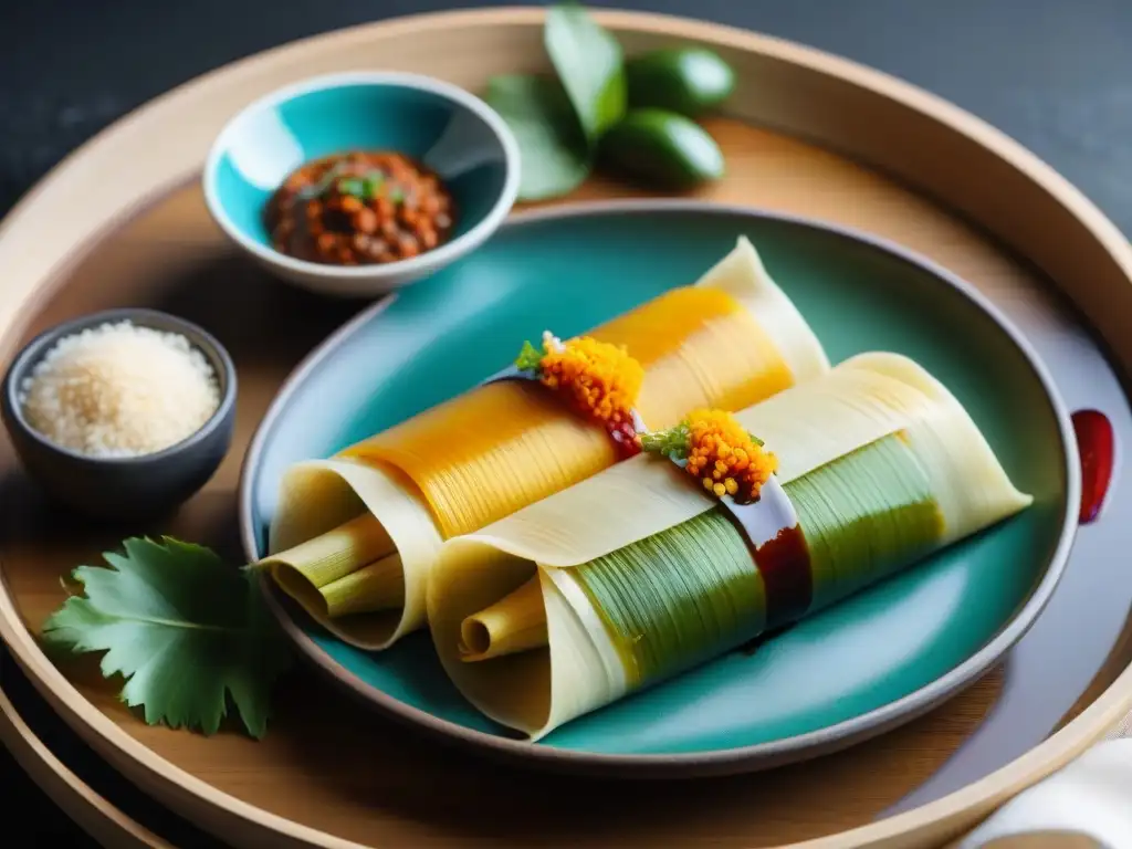 Una moderna interpretación de tamales peruanos tradición moderna: tamales coloridos y detallados en un elegante plato minimalista