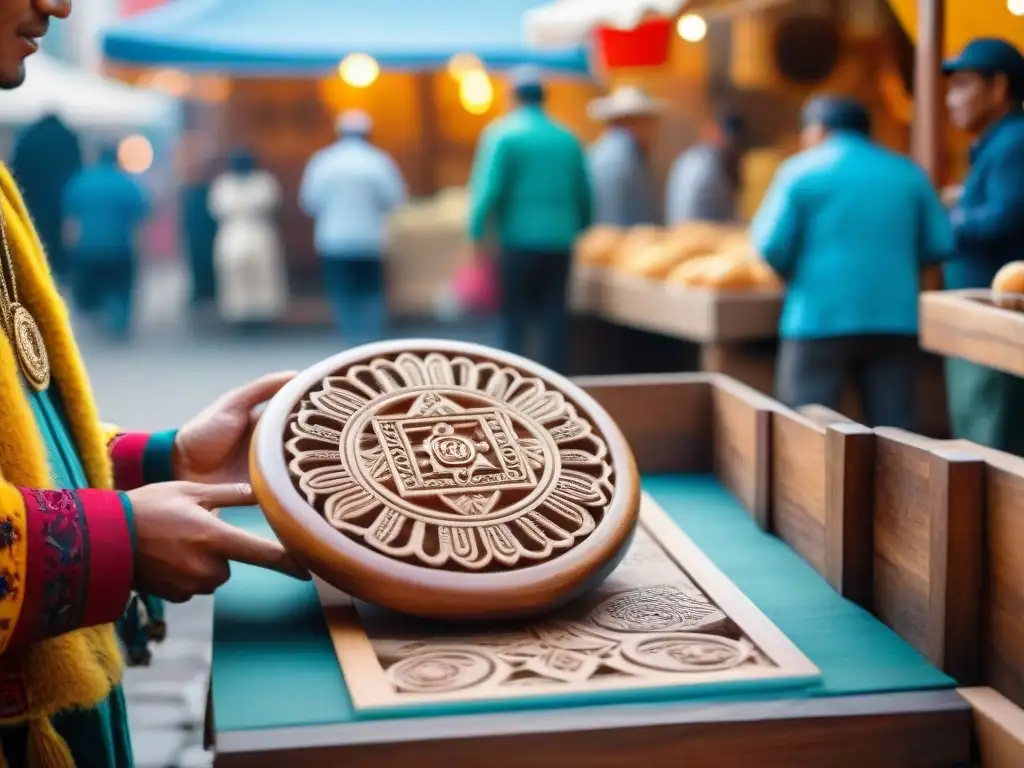 Molde de madera tallado con símbolos incas para hacer dulces peruanos tradicionales, en un mercado de Lima