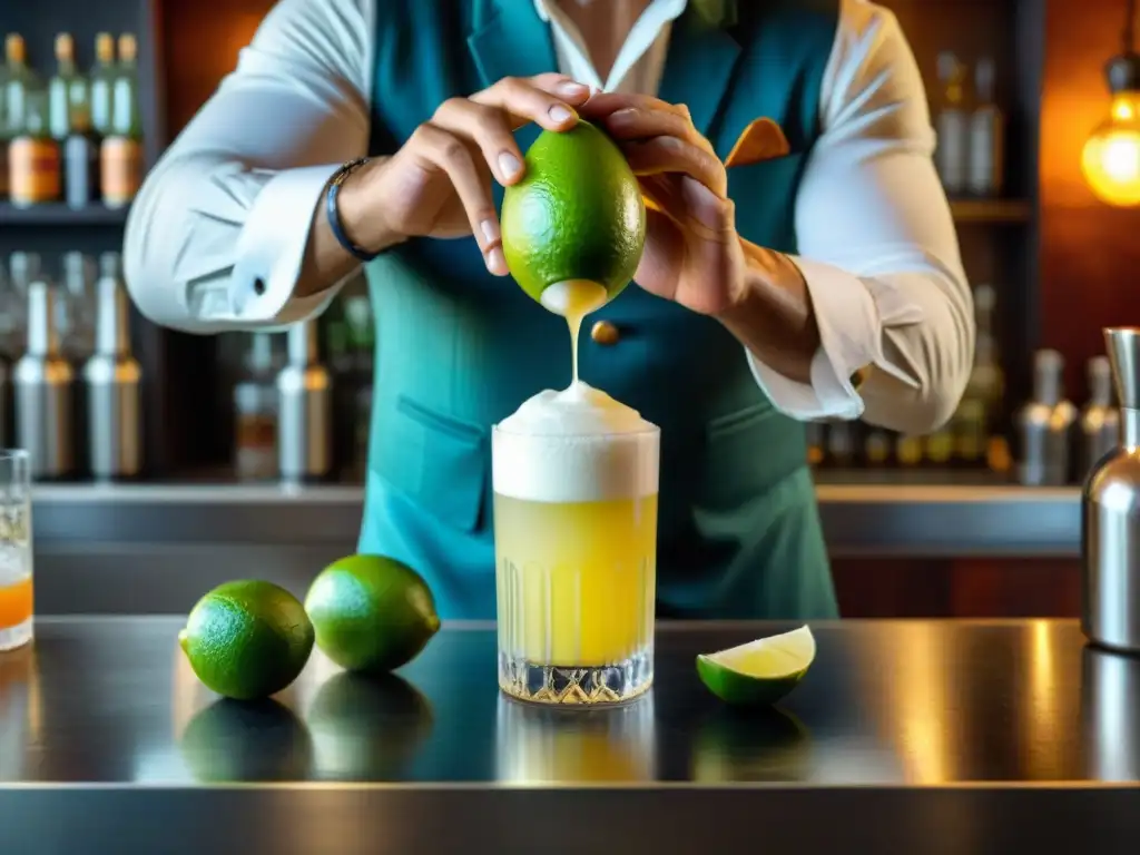 Un momento mágico: manos de bartender exprimen limón en coctelera con pisco, hielo y joyas peruanas