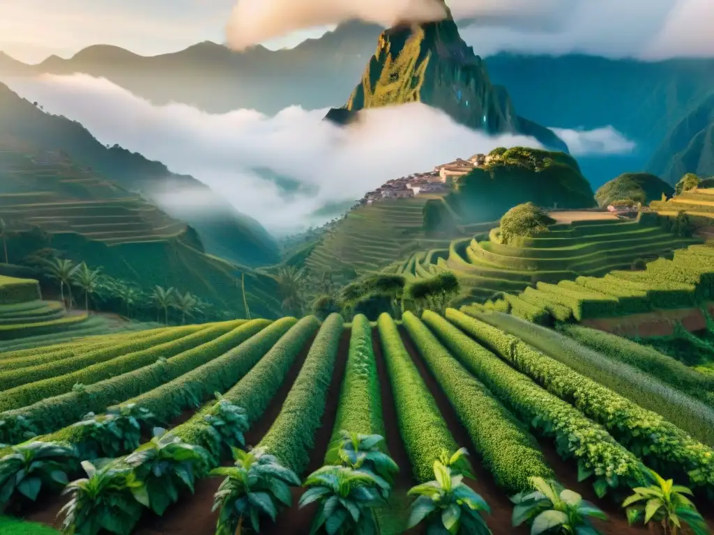 Plantación de café en Perú al amanecer, con montañas neblinosas de fondo y trabajadores en armonía con la tierra