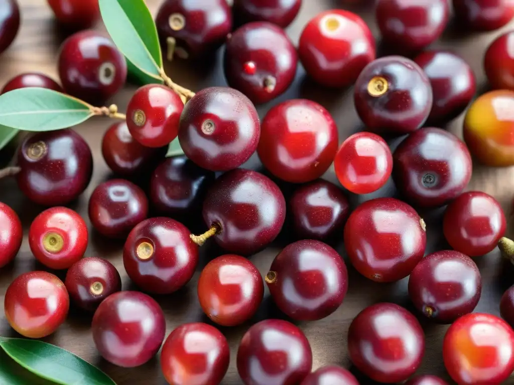 Un montón de jugosas bayas de camu camu frescas y rojas sobre madera rústica, destacando su frescura y detalle