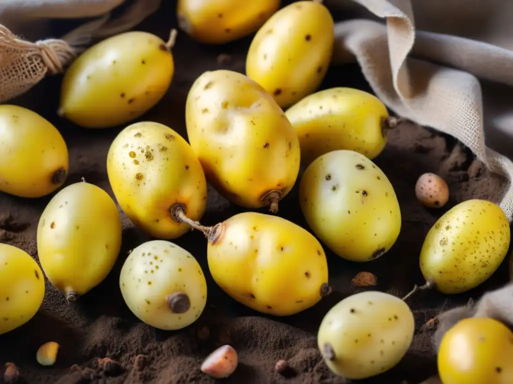 Montón de papas amarillas peruanas recién cosechadas, listas para una receta causa limeña con papa amarilla, bañadas en tierra