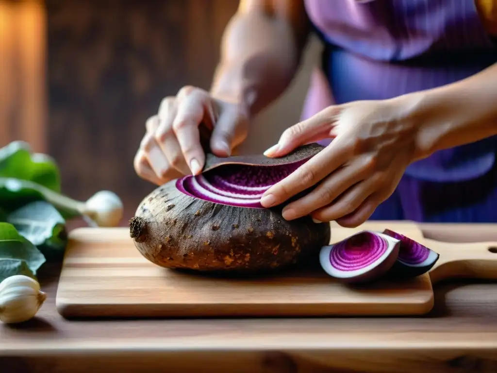 Raíz de mashwa morada siendo cortada por un chef en tabla de madera, resaltando la belleza de ingredientes autóctonos en la gastronomía peruana