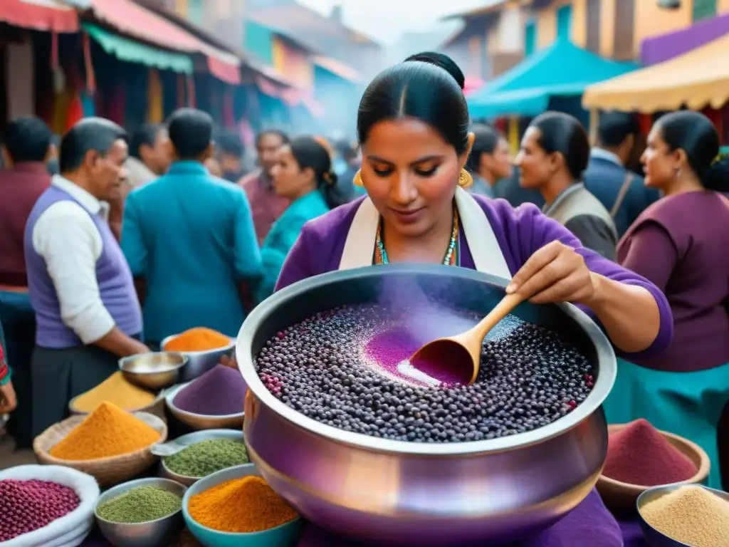 Festival Chicha Morada: Mercado peruano vibrante con puestos coloridos y artesano preparando bebida icónica