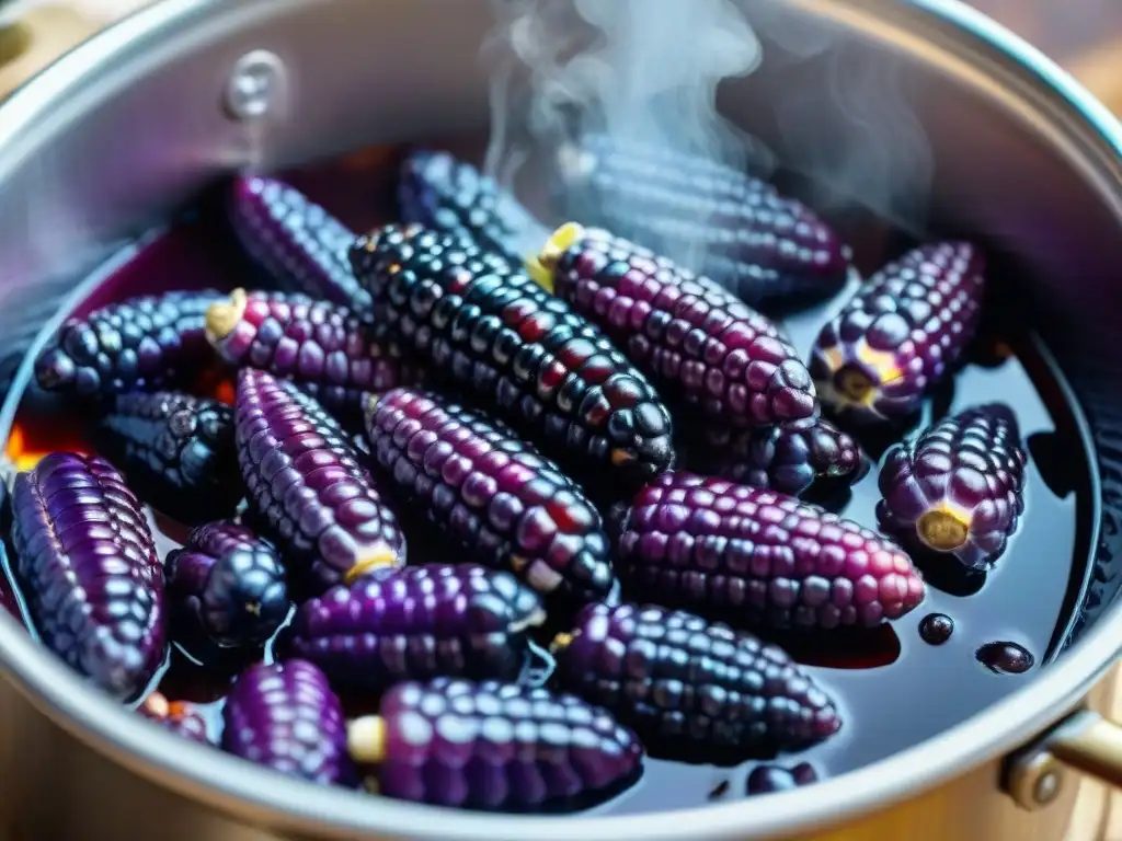 Maíz morado brillante en cocción para recetas con chicha morada casera