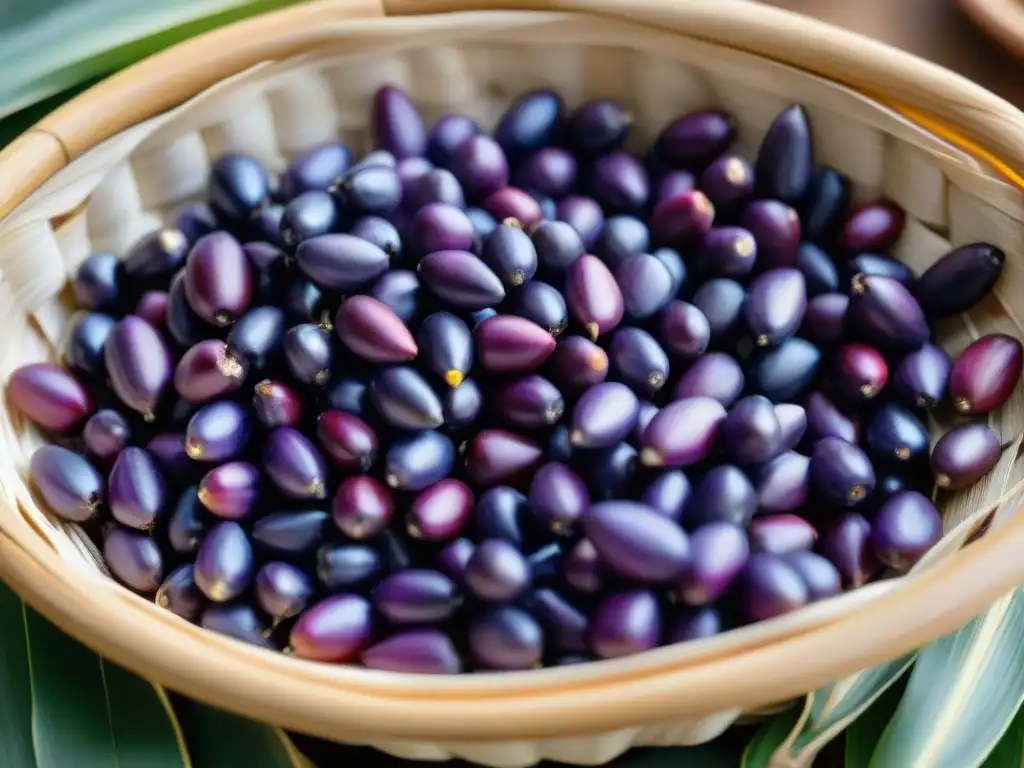 Maíz morado en cesta tejida peruana, resaltando su color y textura