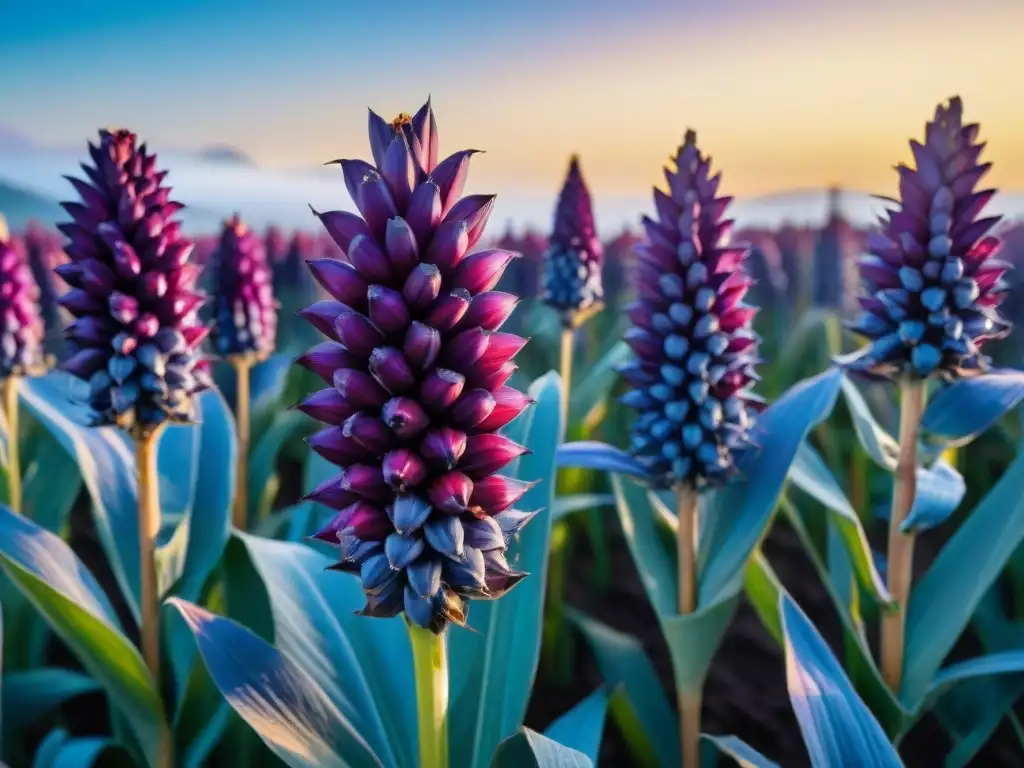 Maíz morado al amanecer: Detalles brillantes de mazorcas cubiertas de rocío, resaltando los beneficios antioxidantes del maíz morado