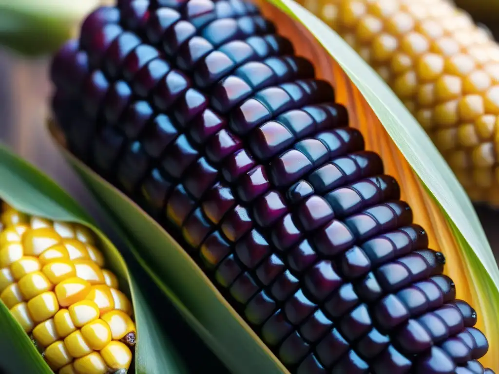 Maíz morado peruano brillante con beneficios antioxidantes, detallado y vibrante bajo el sol