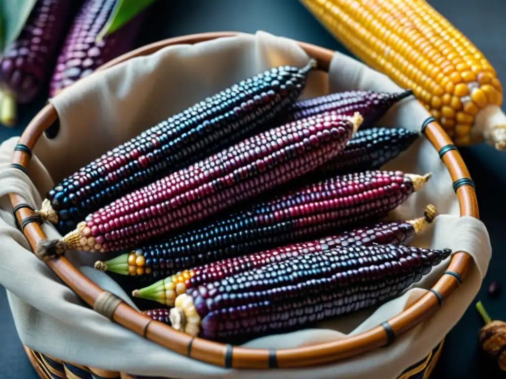 Maíz morado peruano en cesto tejido, resalta beneficios antioxidantes