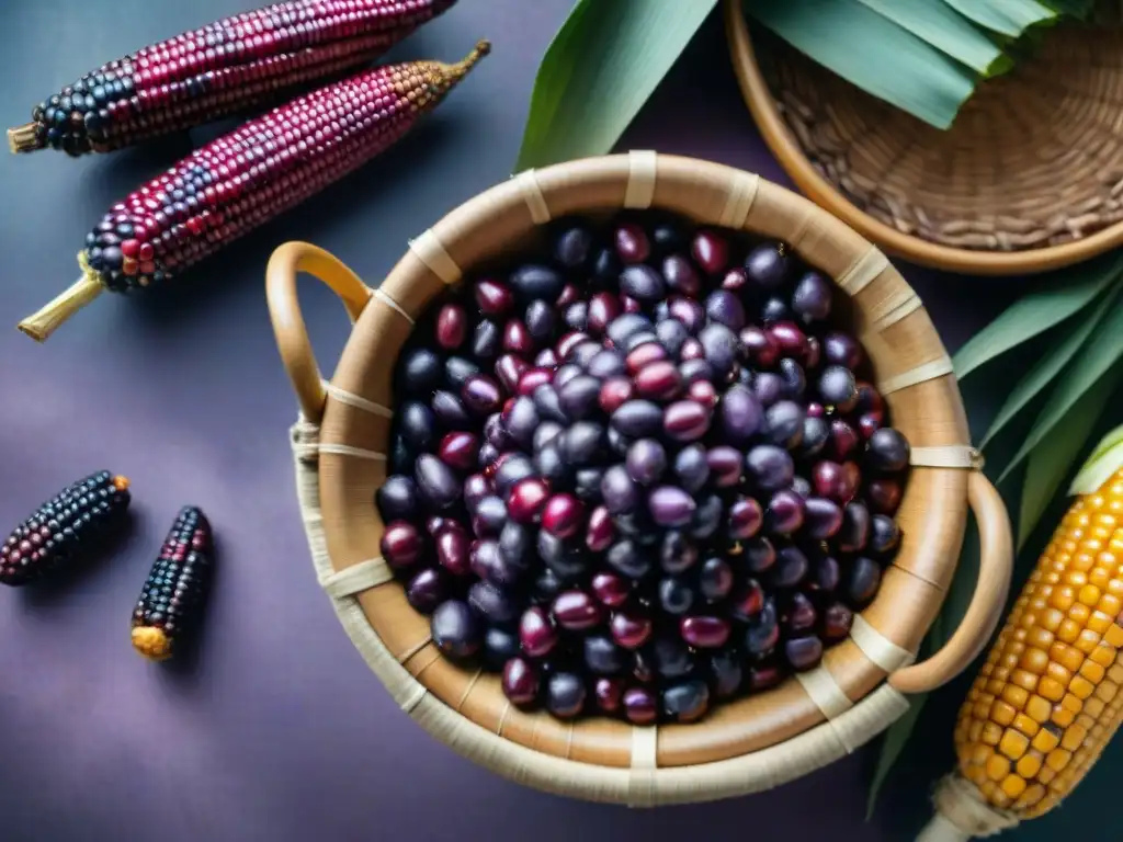 Maíz morado vibrante en cesta tejida con hierbas y especias andinas, detallando la elaboración tradicional chicha morada