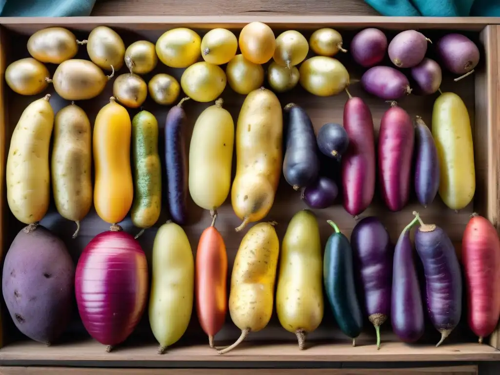 Una muestra detallada de papas peruanas en una mesa rústica, resaltando la diversidad y sostenibilidad en la gastronomía peruana