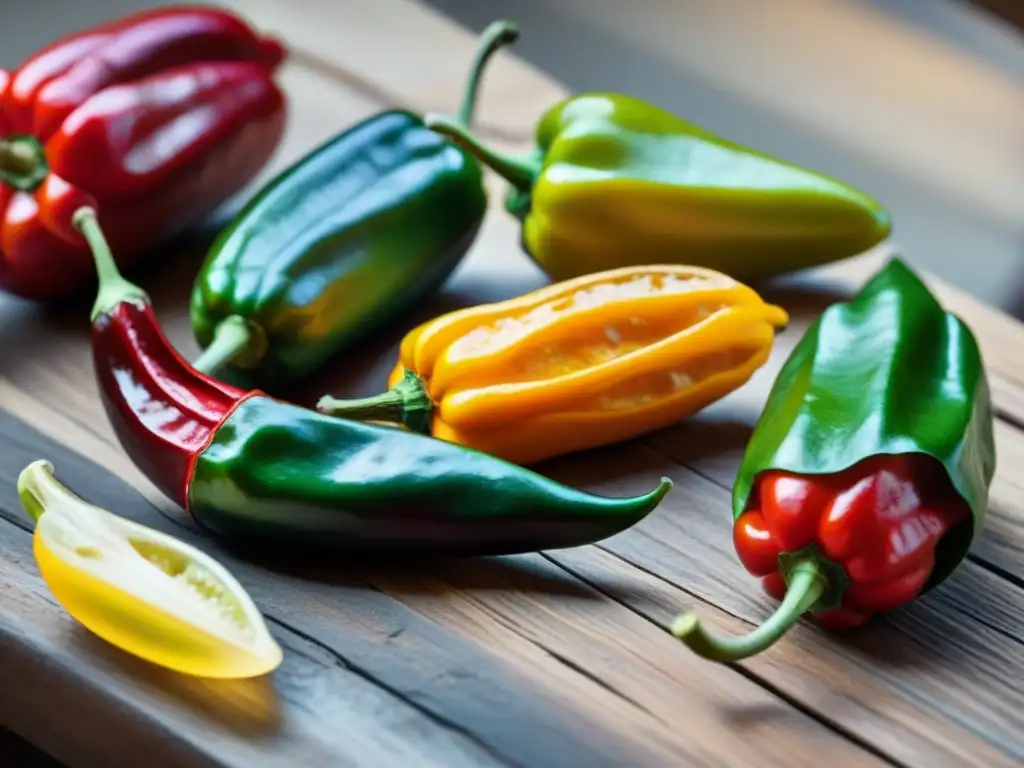 Una muestra detallada de ajíes peruanos en una mesa rústica, resaltando sus colores y formas, listos para la fermentación